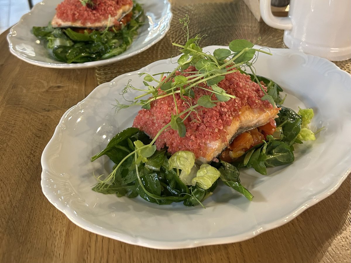 Salmon with beetroot quinoa on leafy greens
